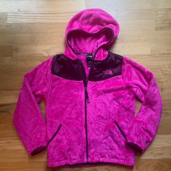 pink fuzzy north face jacket